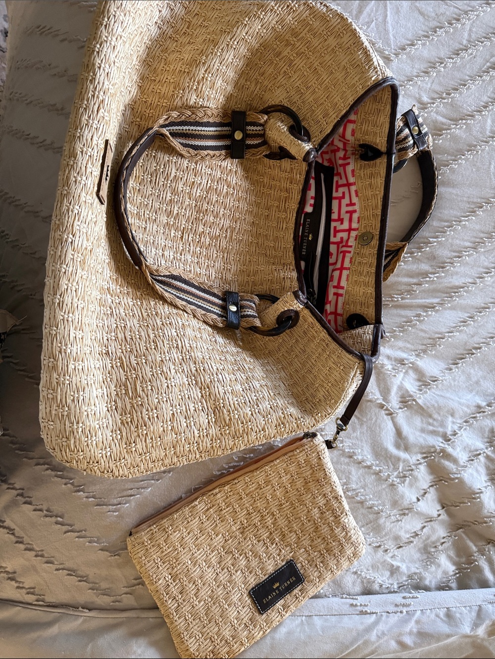 Elaine Turner Natural Straw Tote with Matching Pouch, Large w/ handles, 24”x12”